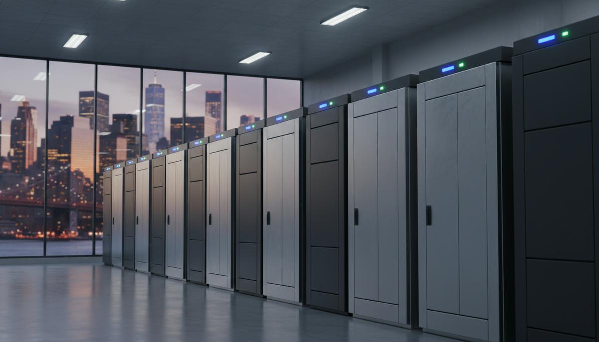 Palisade Infrastructure инвестирует в накопители энергии в Нью-Йорке Современные контейнеры системы накопления энергии на промышленном объекте на фоне городского пейзажа Нью-Йорка.