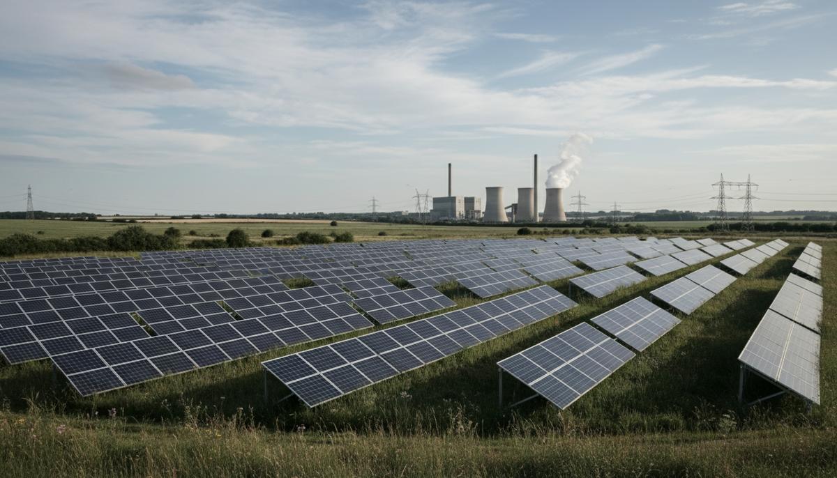 В Великобритании построят новую крупную солнечную электростанцию Бескрайнее поле солнечных панелей под облачным небом в сельской местности. На горизонте виднеются строения электроподстанции.