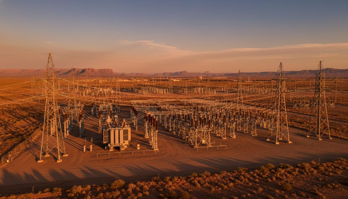 Крупная электроподстанция с линиями электропередачи в пустынной местности Нью-Мексико на фоне закатного неба.