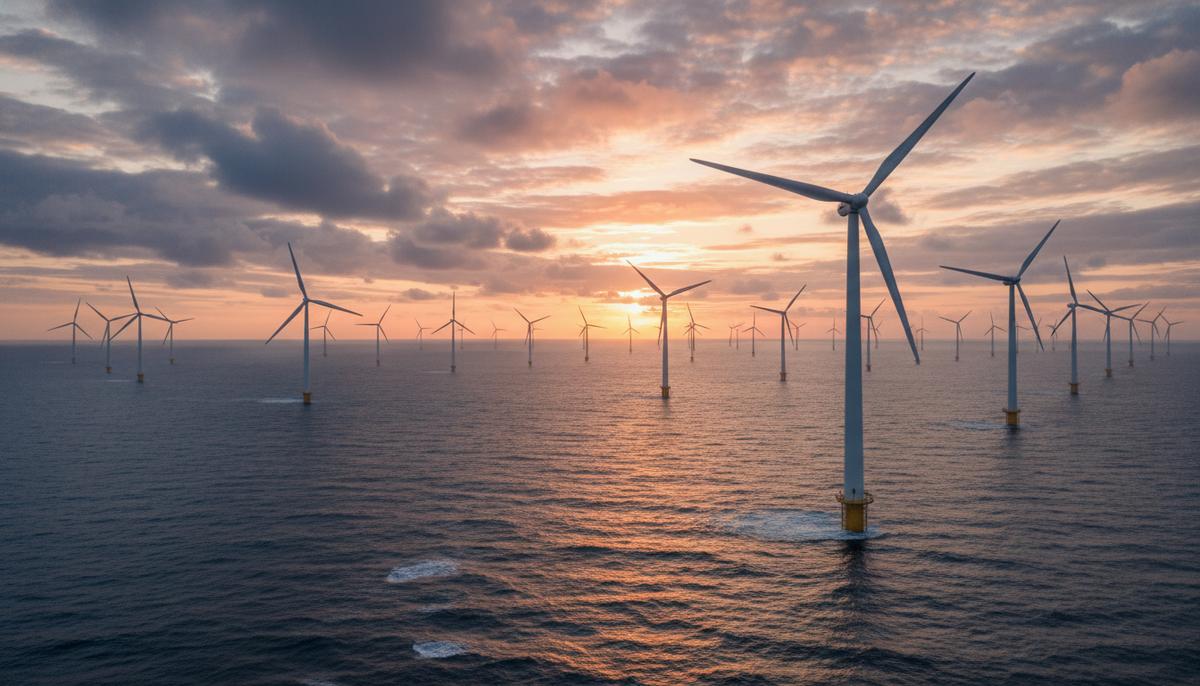 Vestas поставит турбины для британского морского ветропарка на 1,4 ГВт Морские ветряные турбины в Северном море на рассвете. Масштабный ветропарк с гигантскими лопастями на фоне облачного неба.