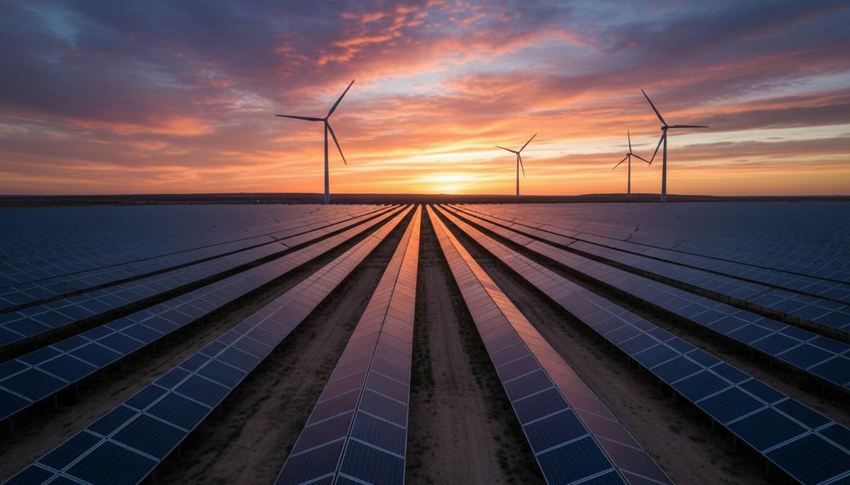 Enel расширяет присутствие в США, покупая ВИЭ-активы за $1 млрд Большое поле с рядами солнечных панелей, уходящими к горизонту, на заднем плане видны ветряные турбины на рассвете.