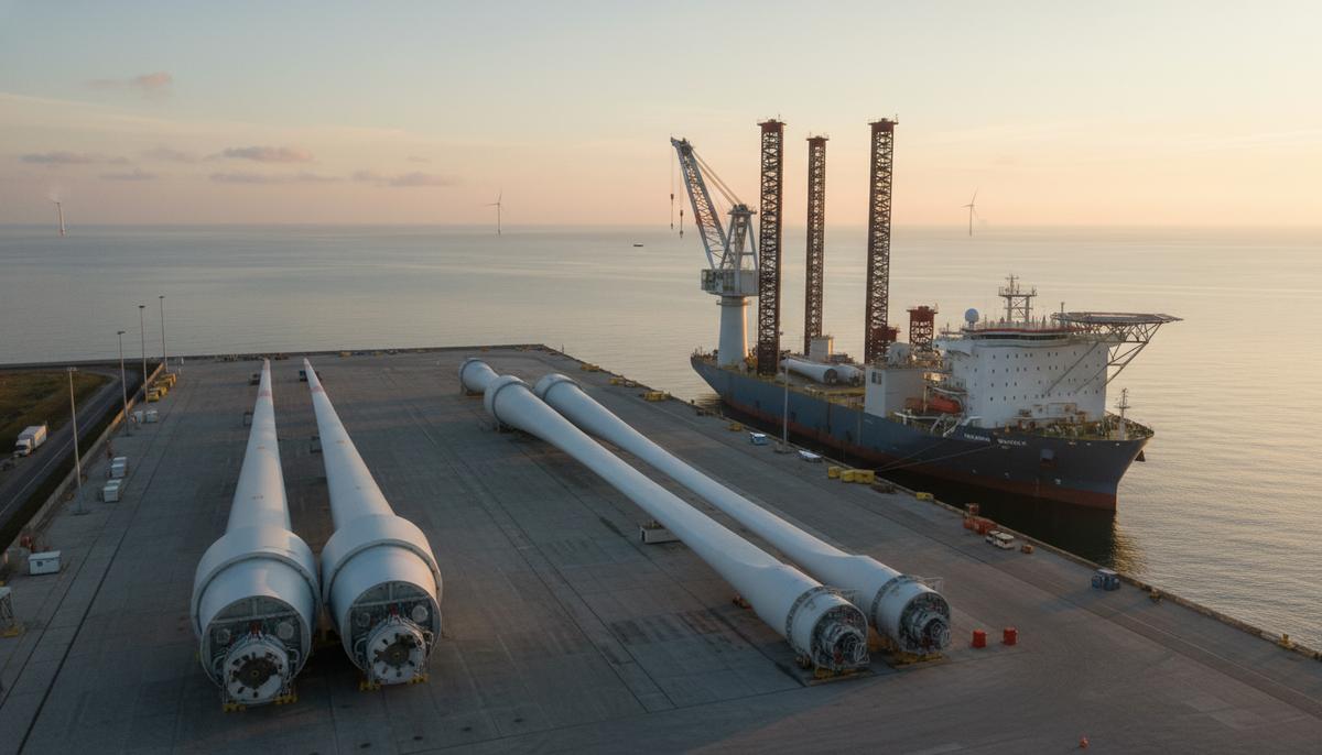 В Южной Корее построят ключевой порт для морской ветроэнергетики Компоненты морских ветрогенераторов на территории портового терминала, готовые к отгрузке на судно у причала.