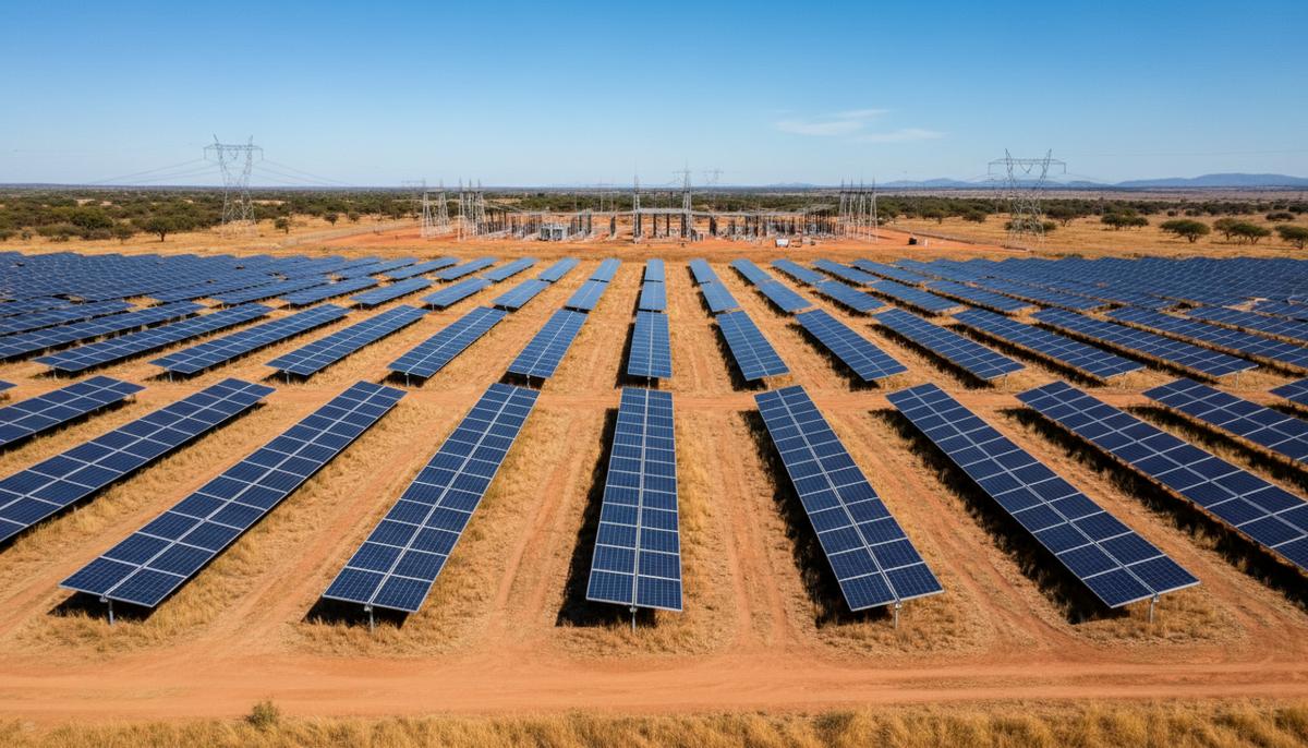 Ряды солнечных панелей на крупной электростанции в полупустынном ландшафте ЮАР под ясным небом.