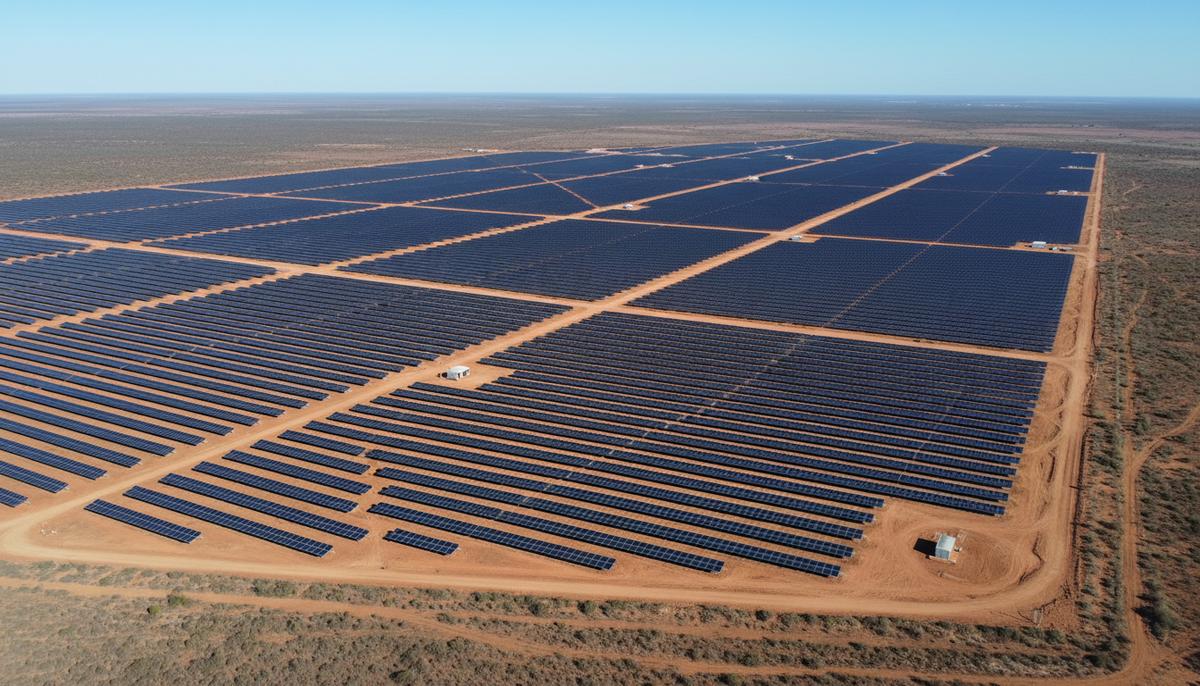 Бескрайние ряды солнечных панелей фотоэлектрического комплекса Assú Sol в Бразилии, вид с высоты птичьего полета.