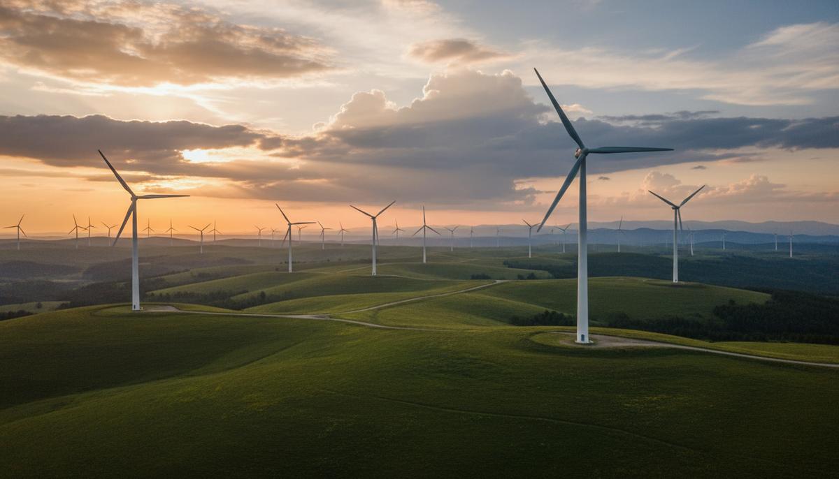 Iberdrola продала портфель ВИЭ во Франции компании Technique Solaire Наземная ветроэлектростанция с множеством ветряных турбин, установленных на зеленых холмах на фоне рассветного неба.