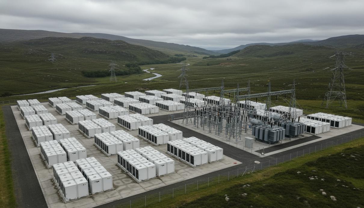 Промышленная система накопления электроэнергии в виде рядов контейнеров на фоне зеленых холмов и электроподстанции.