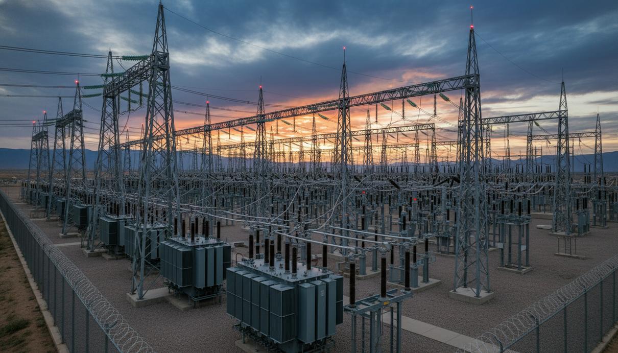 Высоковольтная электроподстанция на закате с сетью трансформаторов и линий электропередачи, уходящих вдаль.