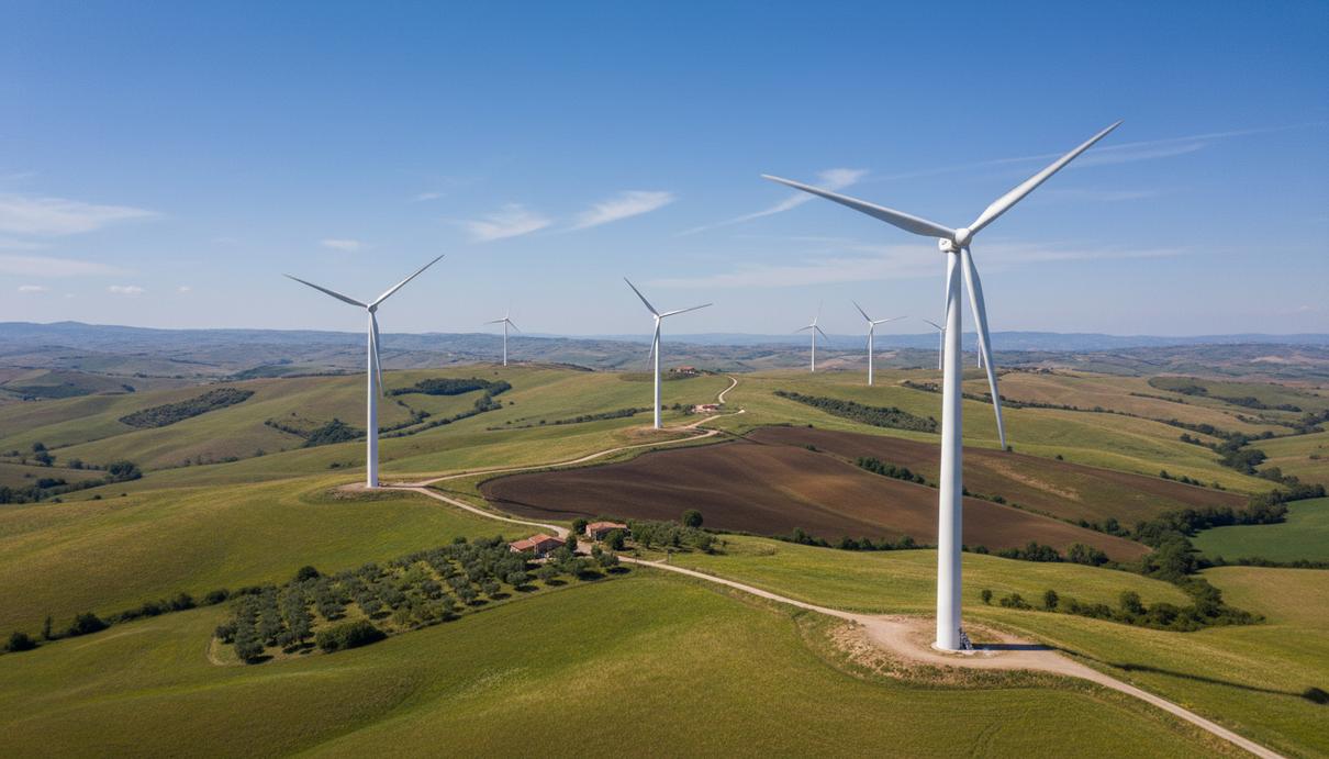 Современные ветряные турбины на новой электростанции, расположенной на зеленых холмах в регионе Беневенто, Италия.