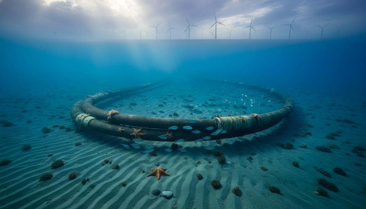 Массивный подводный силовой кабель на морском дне, уходящий вдаль к морской ветряной электростанции на горизонте.