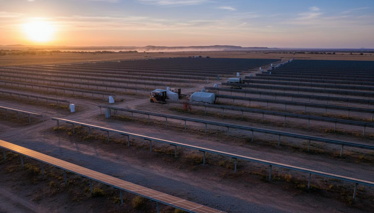 Строительство крупной солнечной электростанции в Техасе. Бесконечные ряды фотоэлектрических панелей в поле на рассвете.