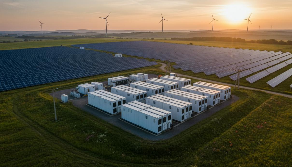 Солнечная электростанция с рядами фотоэлектрических панелей и контейнерами системы хранения энергии на фоне холмов.