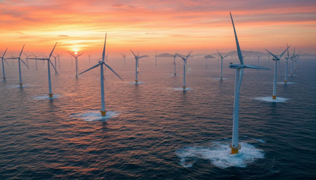 Морская ветряная электростанция с рядами турбин в море у побережья Южной Кореи на фоне восходящего солнца.