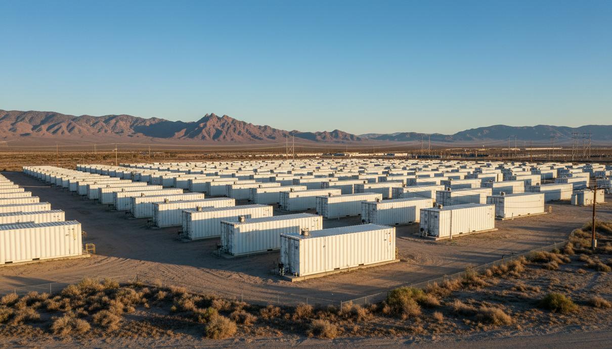 Промышленные накопители энергии в виде белых контейнеров на фоне открытого ландшафта в Техасе.