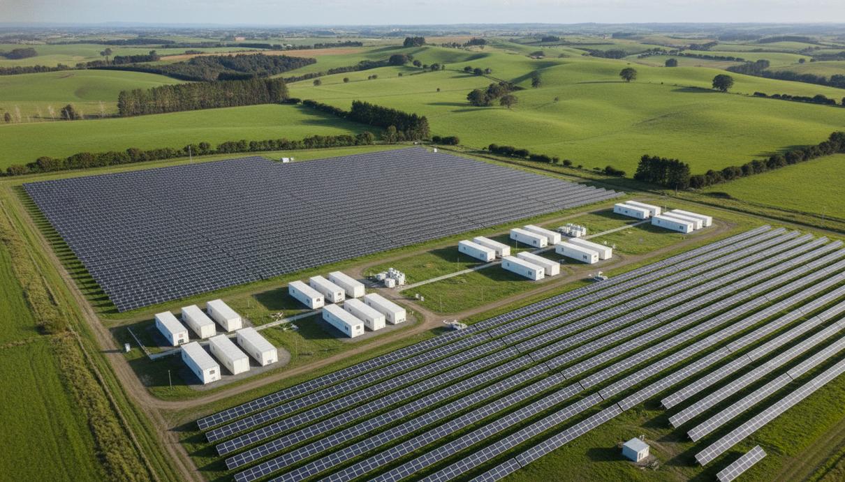 Солнечные батареи и промышленные аккумуляторы на фоне природных ландшафтов Новой Зеландии