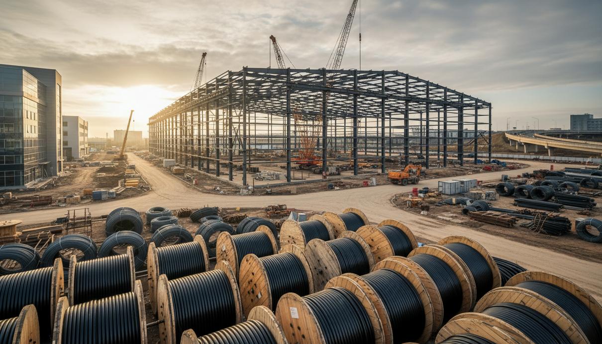 Строительная площадка завода с металлическим каркасом здания и крупными катушками электрического кабеля.