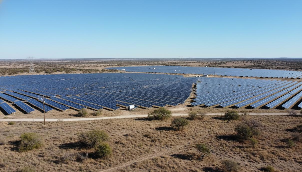 Ряды солнечных панелей на территории крупной электростанции в сельской местности Техаса