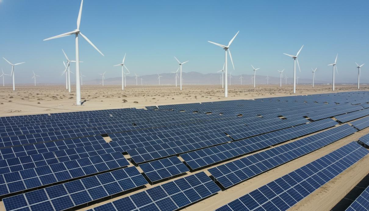 Солнечные панели и ветряные турбины на фоне засушливой равнины и горного горизонта в Перу под ясным небом.