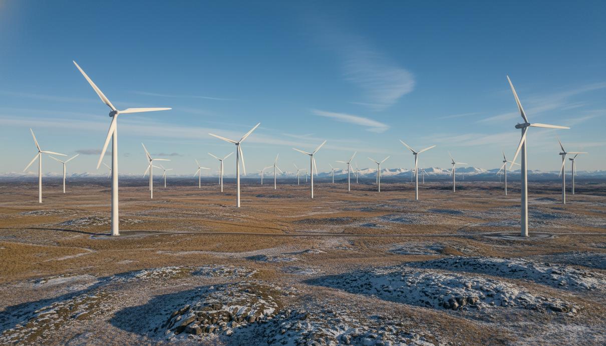 Несколько современных белых ветряных турбин на открытой местности в Финляндии под ясным небом.