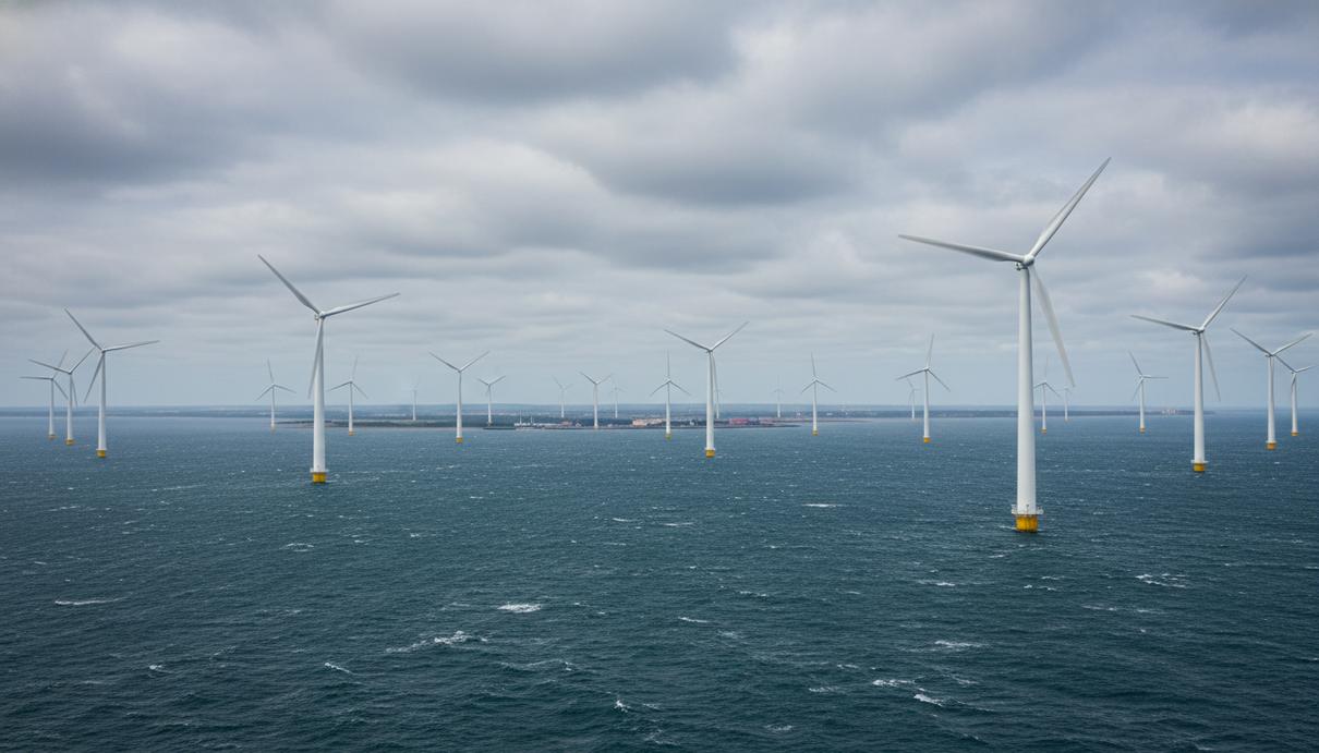 Морские ветровые турбины белого цвета в открытом море у побережья Дании