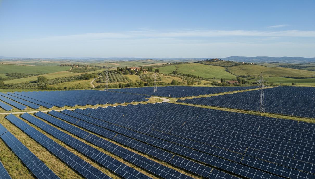 Ряды солнечных панелей электростанции на фоне холмистого пейзажа сельской местности в Италии.