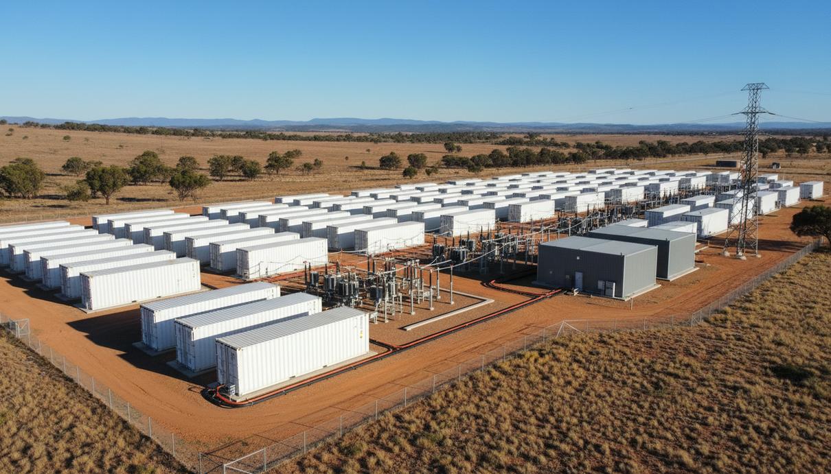 Ряды белых контейнеров промышленной системы хранения электроэнергии на открытой площадке в Австралии.