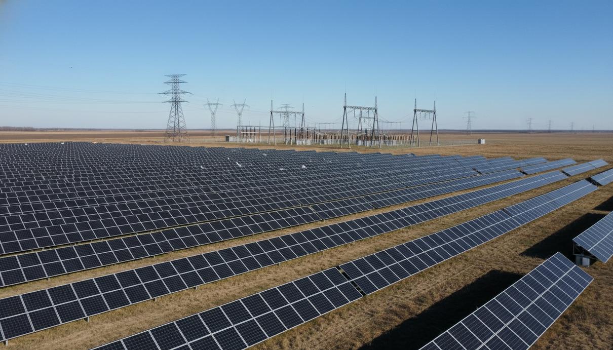 Ряды солнечных панелей на открытой местности на фоне высоковольтных опор и подстанции