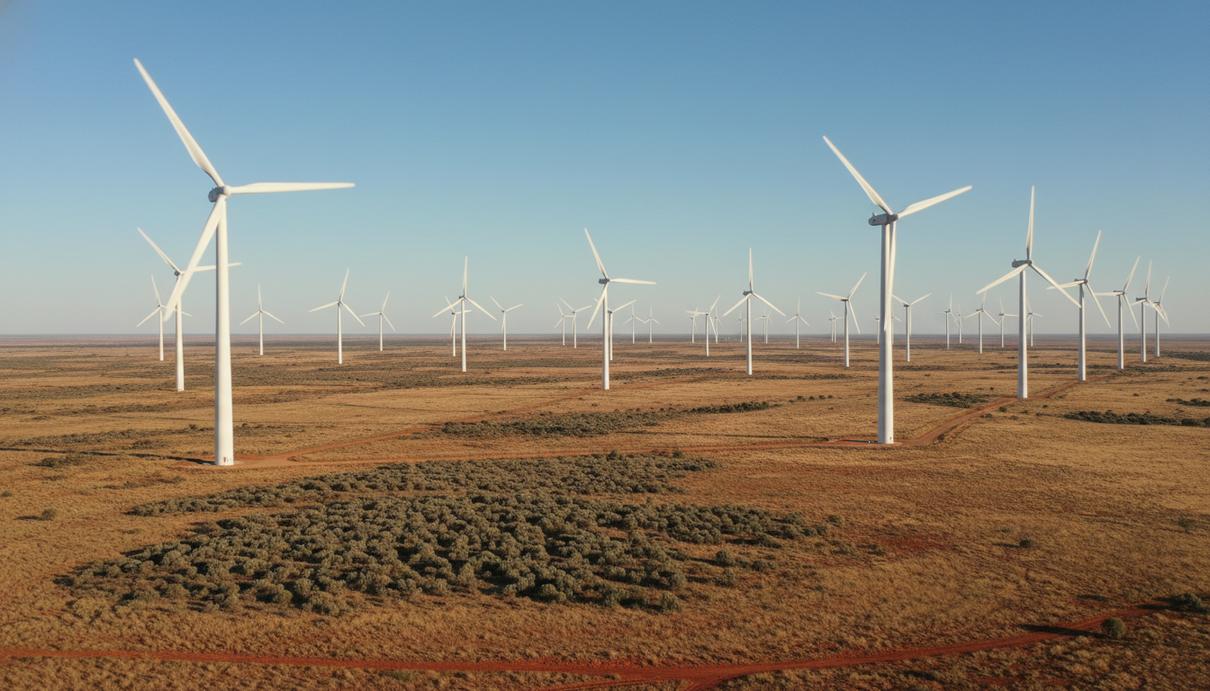 Ряды белых ветряных турбин на фоне засушливой равнины и ясного неба в Австралии.