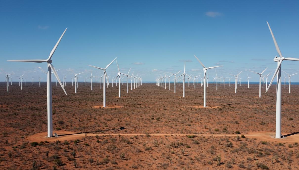 Современные белые ветрогенераторы на засушливой равнине штата Риу-Гранди-ду-Норти под ясным небом