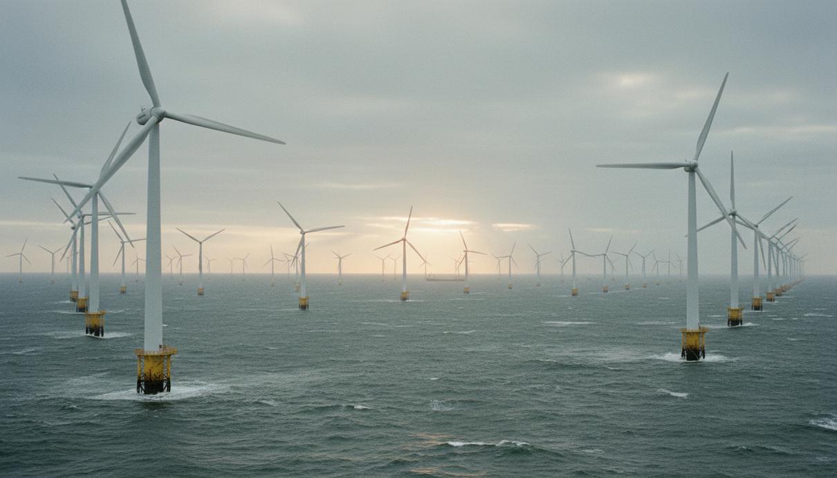 Ряд морских ветрогенераторов в открытом море на фоне ясного горизонта