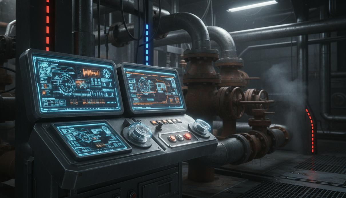 Технологическая панель управления на промышленном объекте на фоне стальных труб и задвижек.