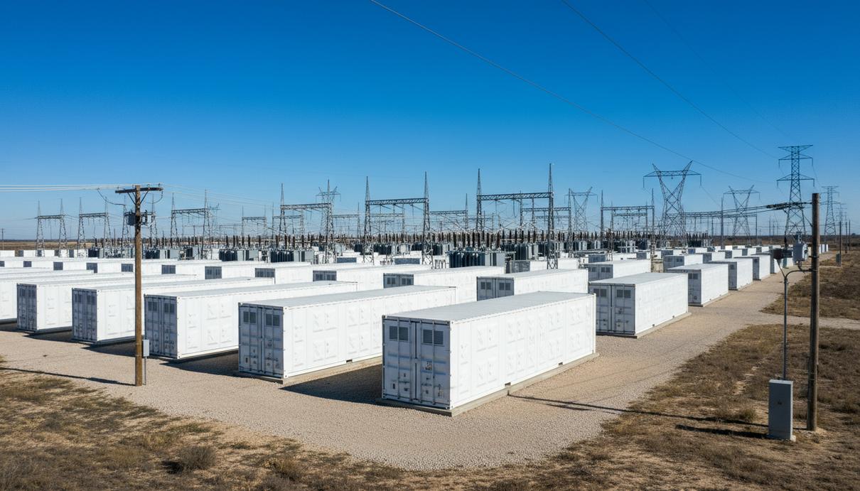 Ряды белых контейнеров системы накопления энергии и силовые трансформаторы на открытой площадке