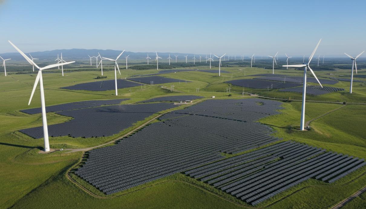 Промышленные ветрогенераторы и ряды солнечных батарей на фоне природного ландшафта и горизонта.