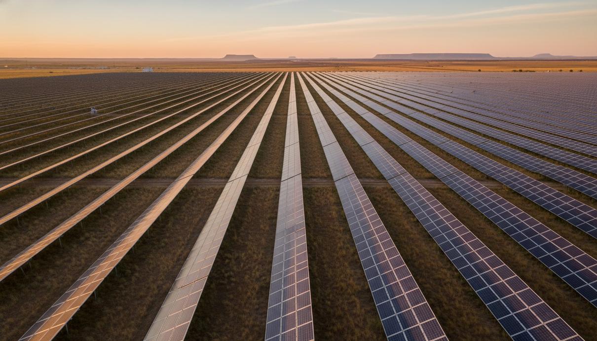 Обширное поле с рядами современных солнечных панелей на равнинной территории Техаса в предзакатных лучах солнца.