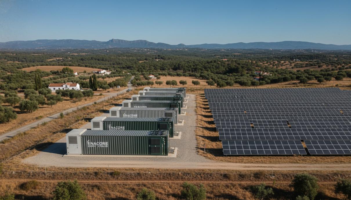 Белые контейнеры аккумуляторных систем и ряды солнечных панелей на поле в Португалии