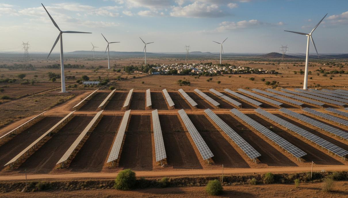Солнечные панели и ветряные генераторы на открытой местности в индийском штате