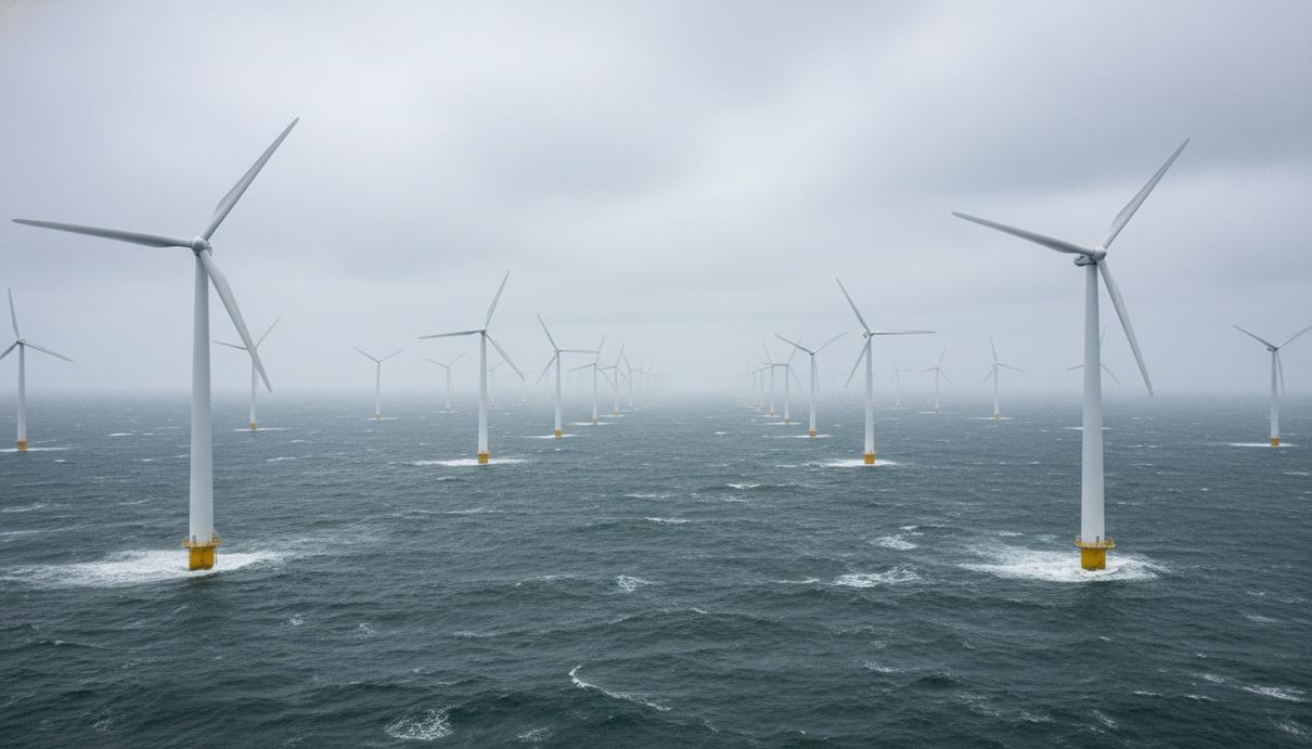 Морская ветроэнергетическая ферма с белыми турбинами в открытом море под облачным небом
