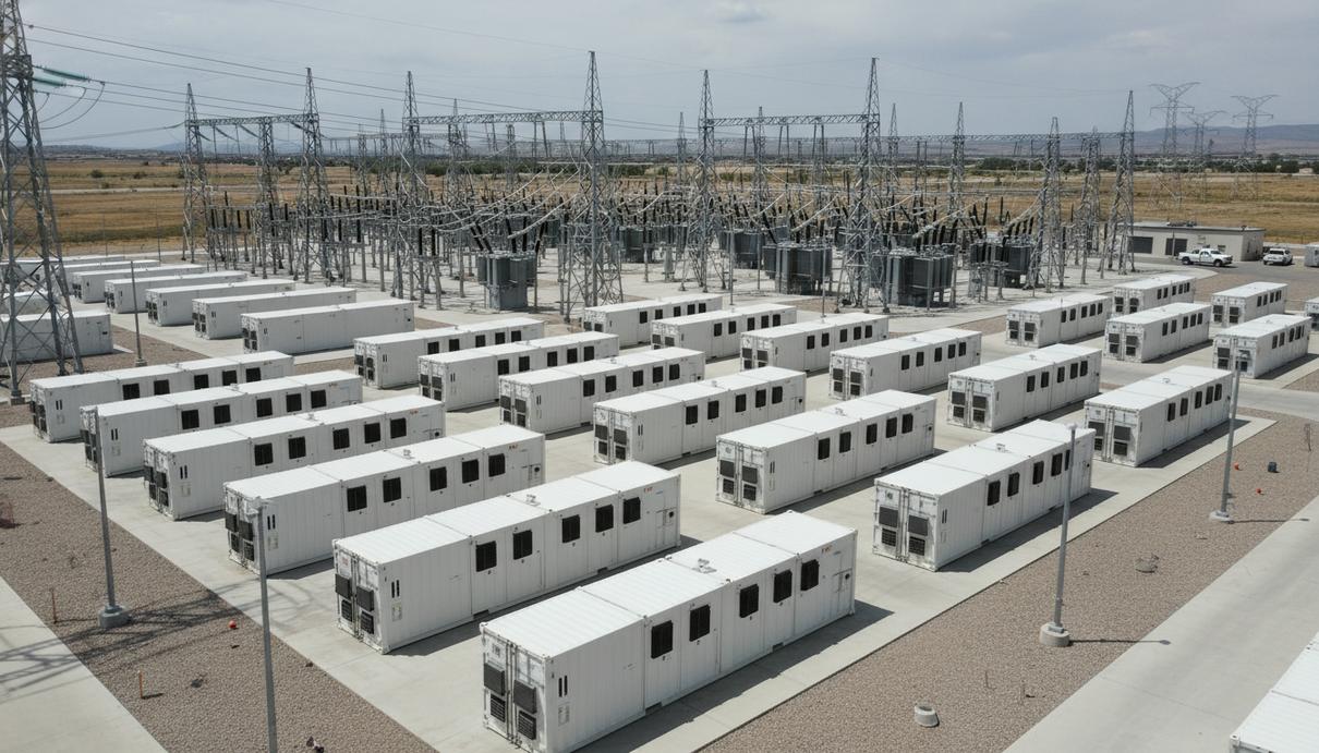 Промышленная площадка с рядами белых контейнеров системы накопления энергии и электрическими подстанциями