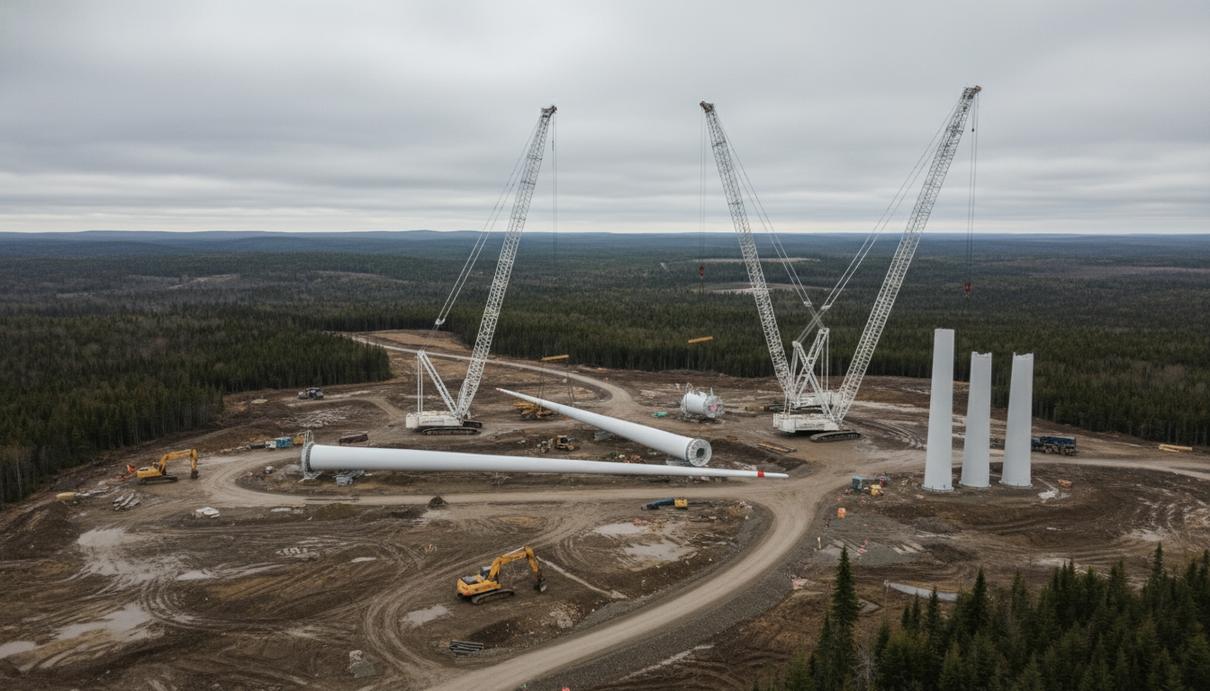Строительство мощных ветрогенераторов в холмистой местности Квебека на фоне леса