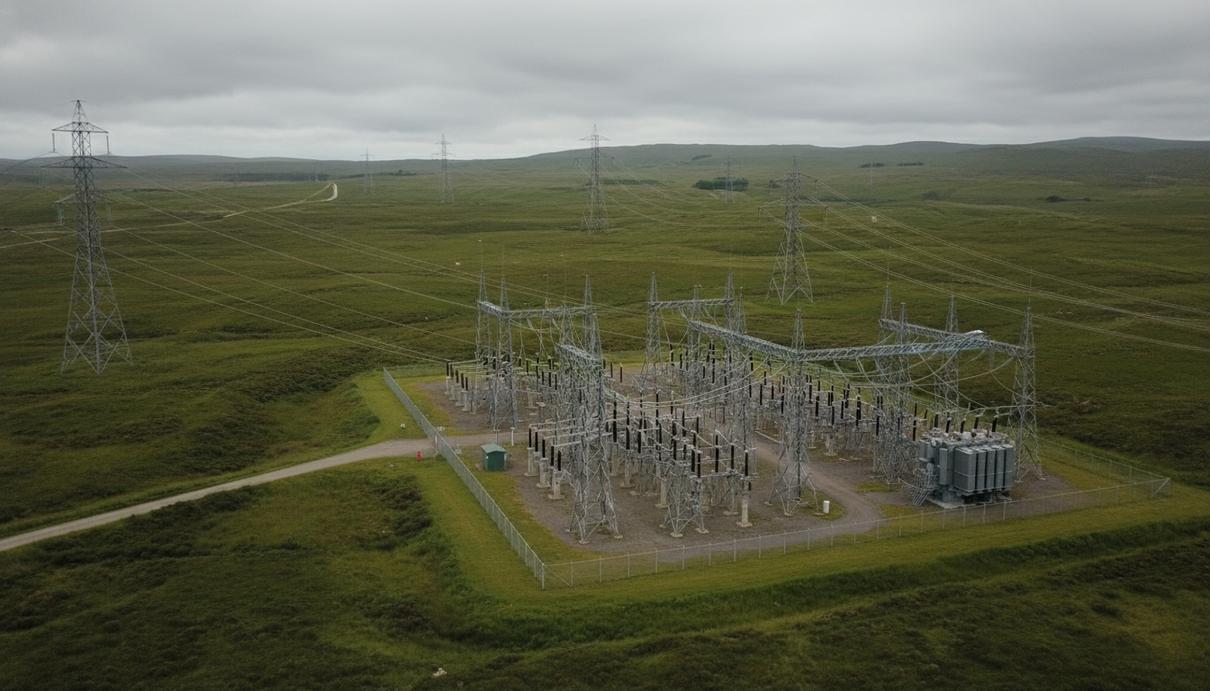 Электрическая подстанция с трансформаторами и высоковольтными линиями на фоне холмистого пейзажа Шотландии