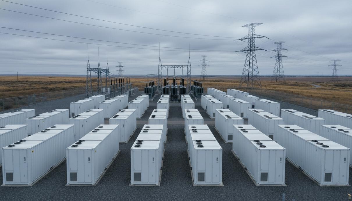 Ряды белых промышленных контейнеров системы накопления энергии на огороженной площадке