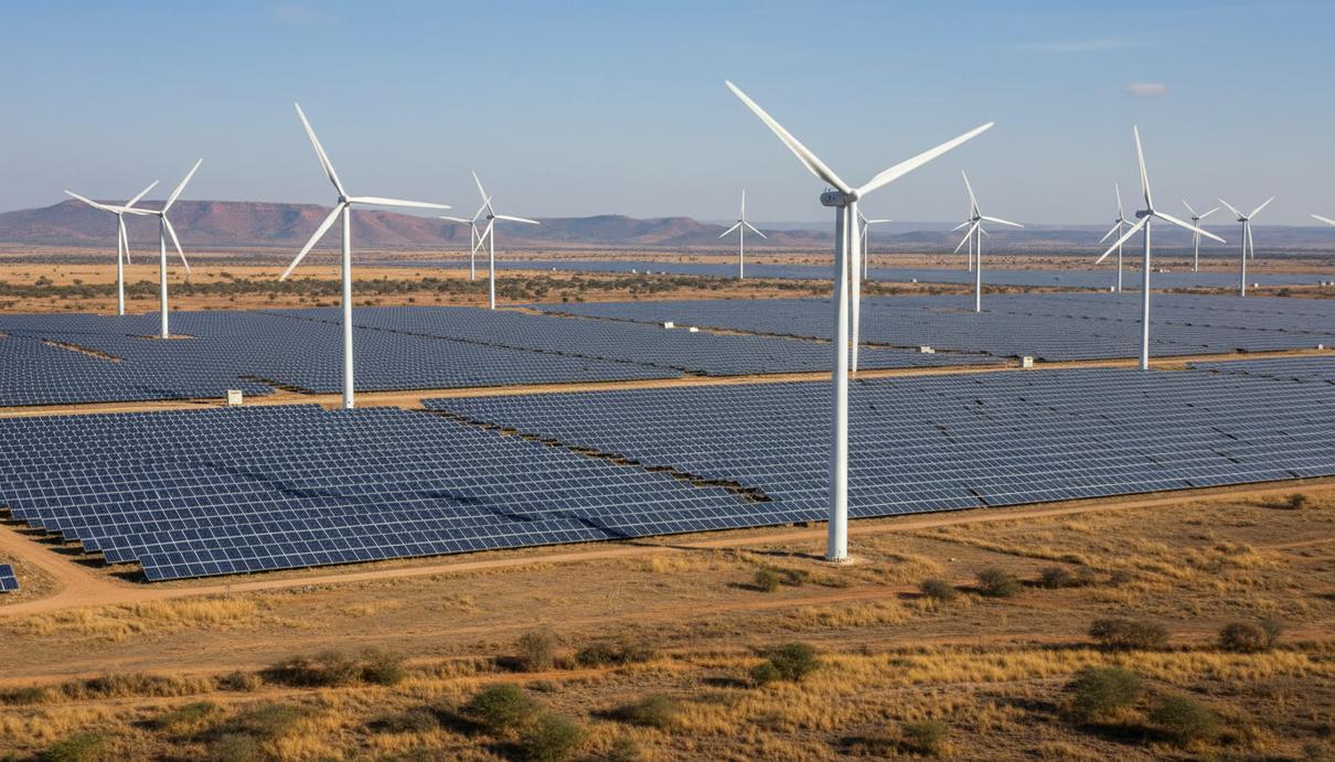 Солнечные электростанции и ветровые установки на фоне засушливой территории в Индии.