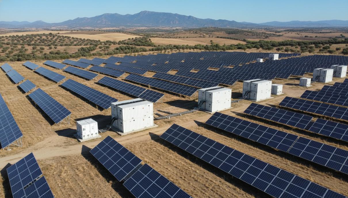 Zelestra и EDP подписали первое в Испании соглашение о гибридизации СЭС Ряды солнечных панелей и блоки промышленных систем накопления энергии на открытой площадке в Испании.