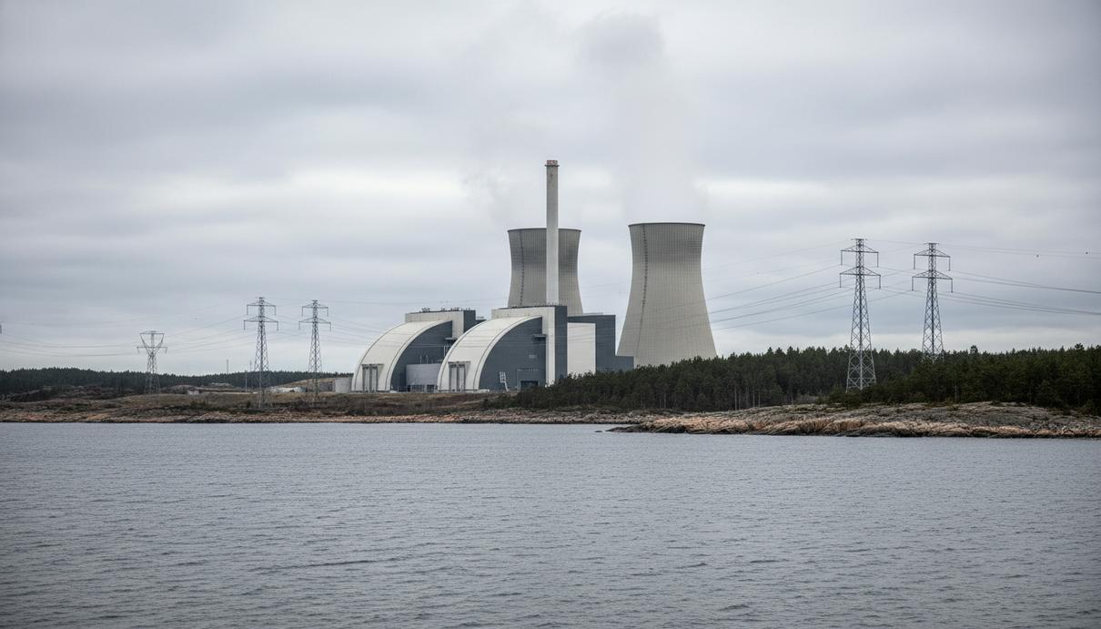 Швеция планирует построить десять новых атомных реакторов к 2045 году Современная атомная электростанция на морском побережье со зданиями реакторов и линиями электропередачи