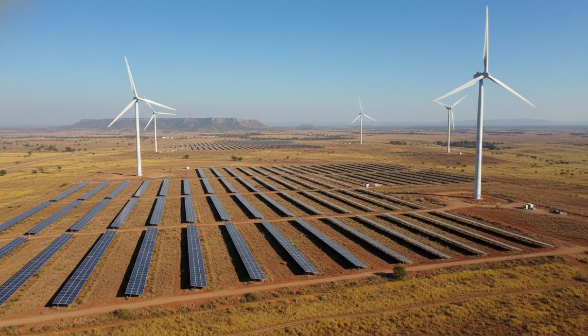 CleanMax запустила гибридную ветро-солнечную электростанцию в Гуджарате Ряды солнечных панелей и ветряные генераторы на открытой местности в штате Гуджарат.