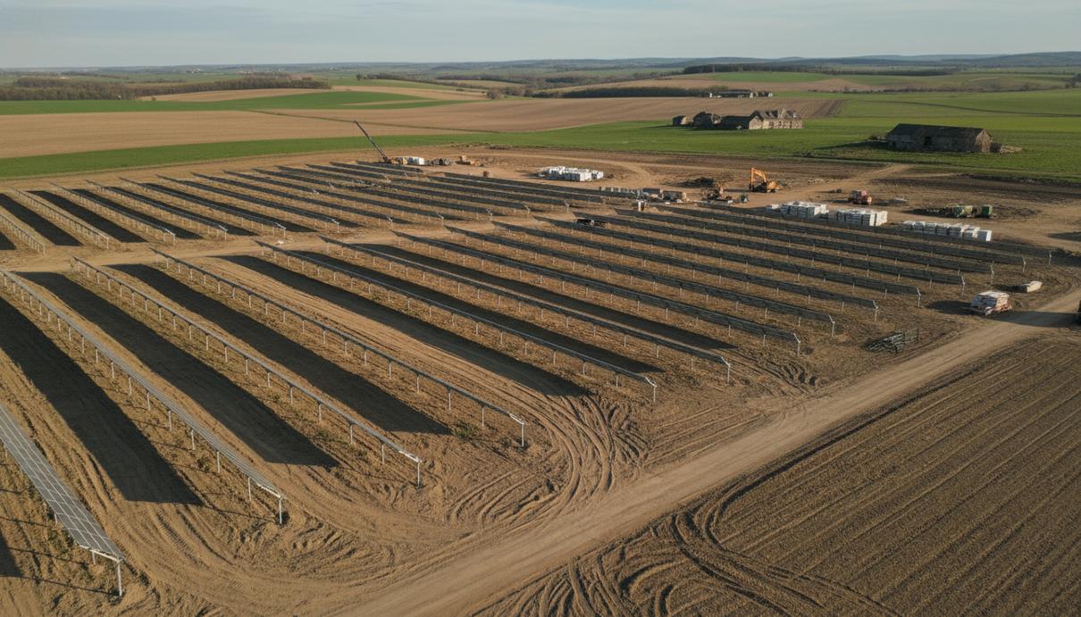 Строительная площадка солнечной электростанции с установленными опорными конструкциями в поле