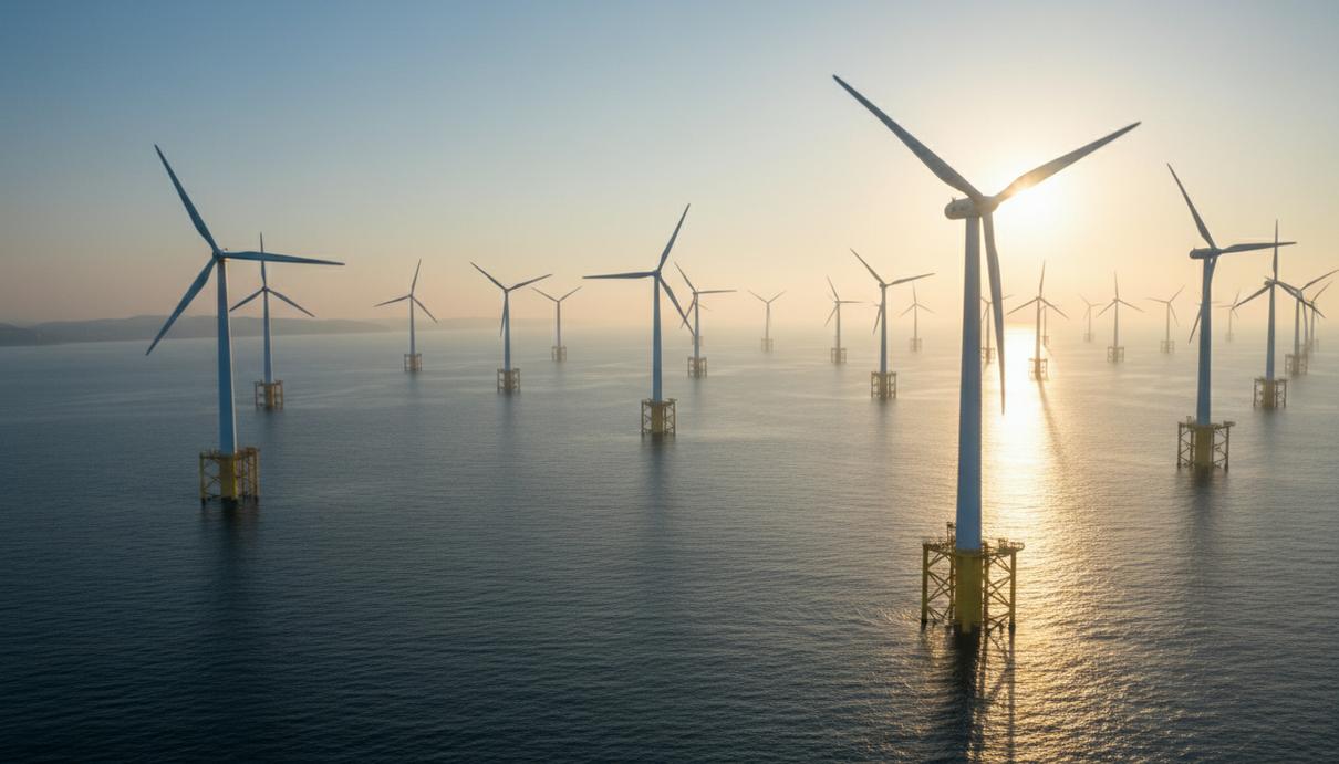Морская ветряная электростанция в открытом море с высокими турбинами на металлических опорах.
