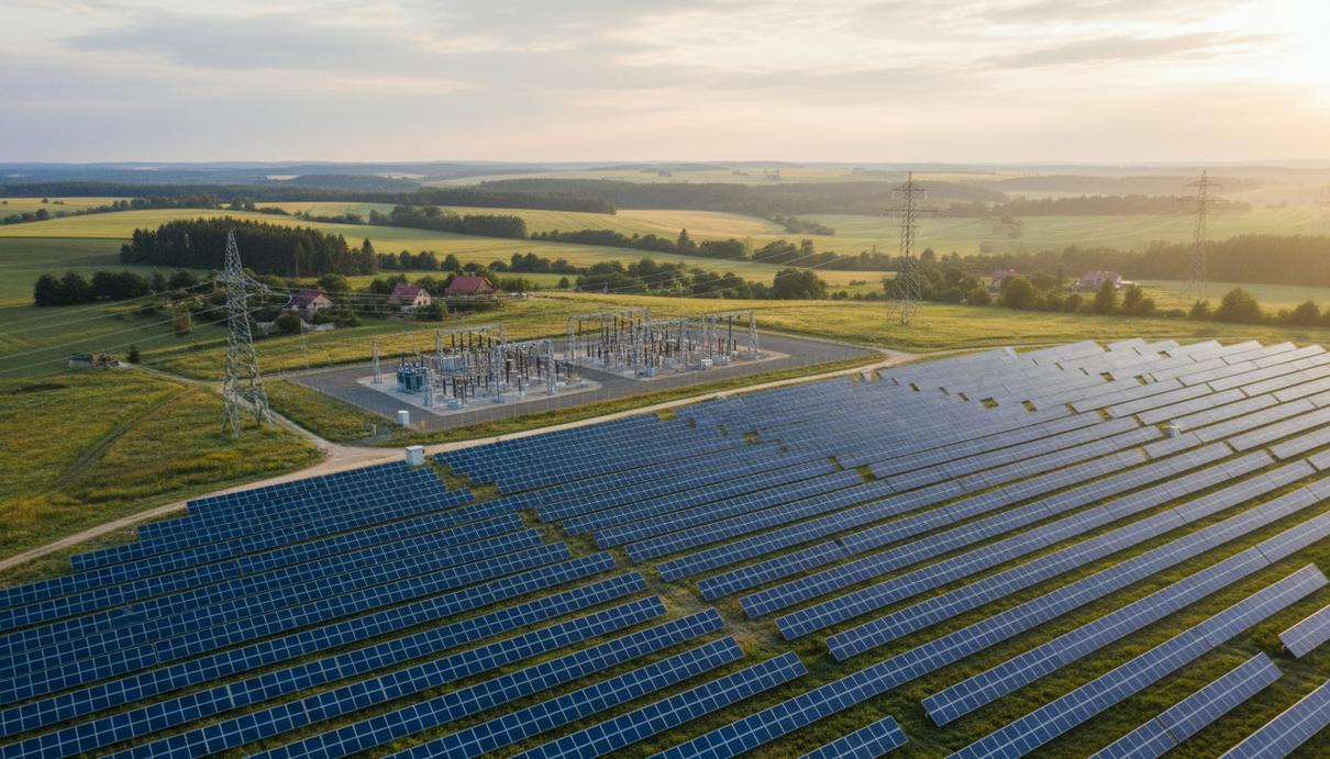 Qualitas Energy приобрела солнечные электростанции в Польше мощностью 376 МВт Ряды синих солнечных панелей на фоне поля и опор линий электропередачи под ясным небом