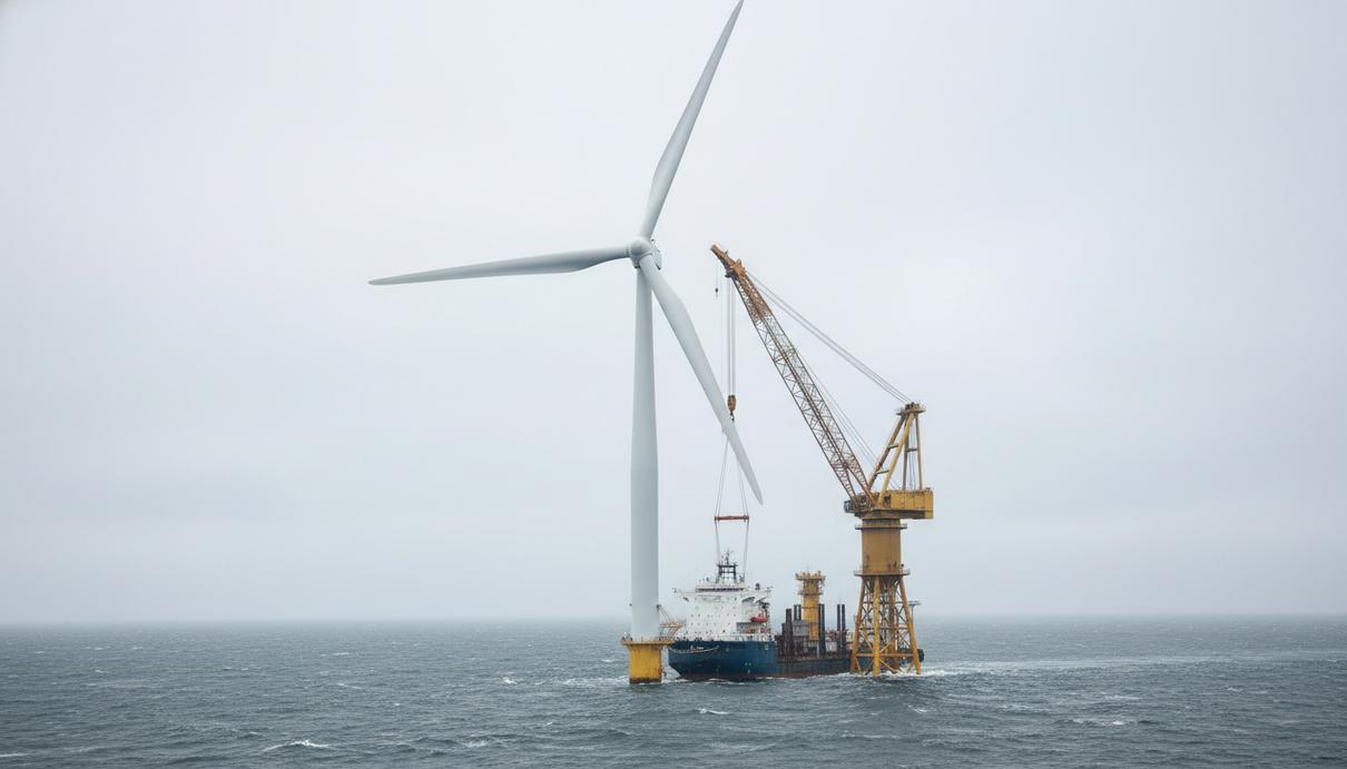 RWE начала поставки электроэнергии с морского ветропарка Thor в Дании Современная морская ветряная турбина и монтажное судно в открытом море на фоне облачного неба.