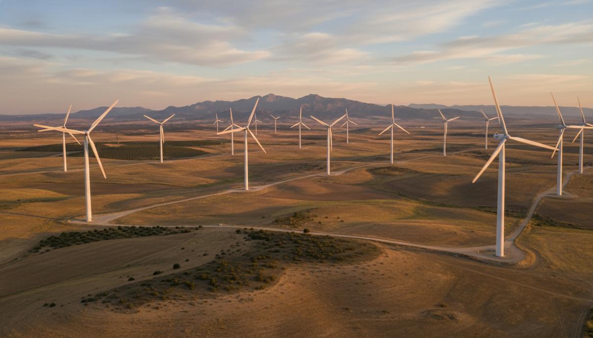 Galp расширяет портфель ветроэнергетических активов в Испании Ряд современных ветряных турбин на фоне открытого ландшафта в Испании.