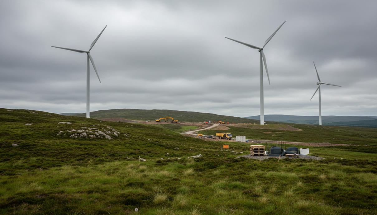 CWP Energy привлекла 400 млн фунтов на строительство крупнейшей ВЭС в Шотландии Наземные ветряные турбины на зеленых холмах Шотландии под облачным небом